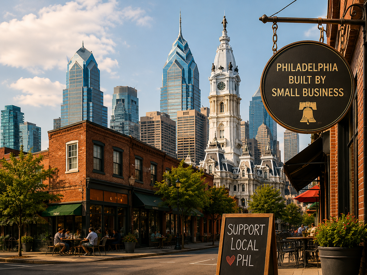 Philadelphia skyline above a Center City small-business street